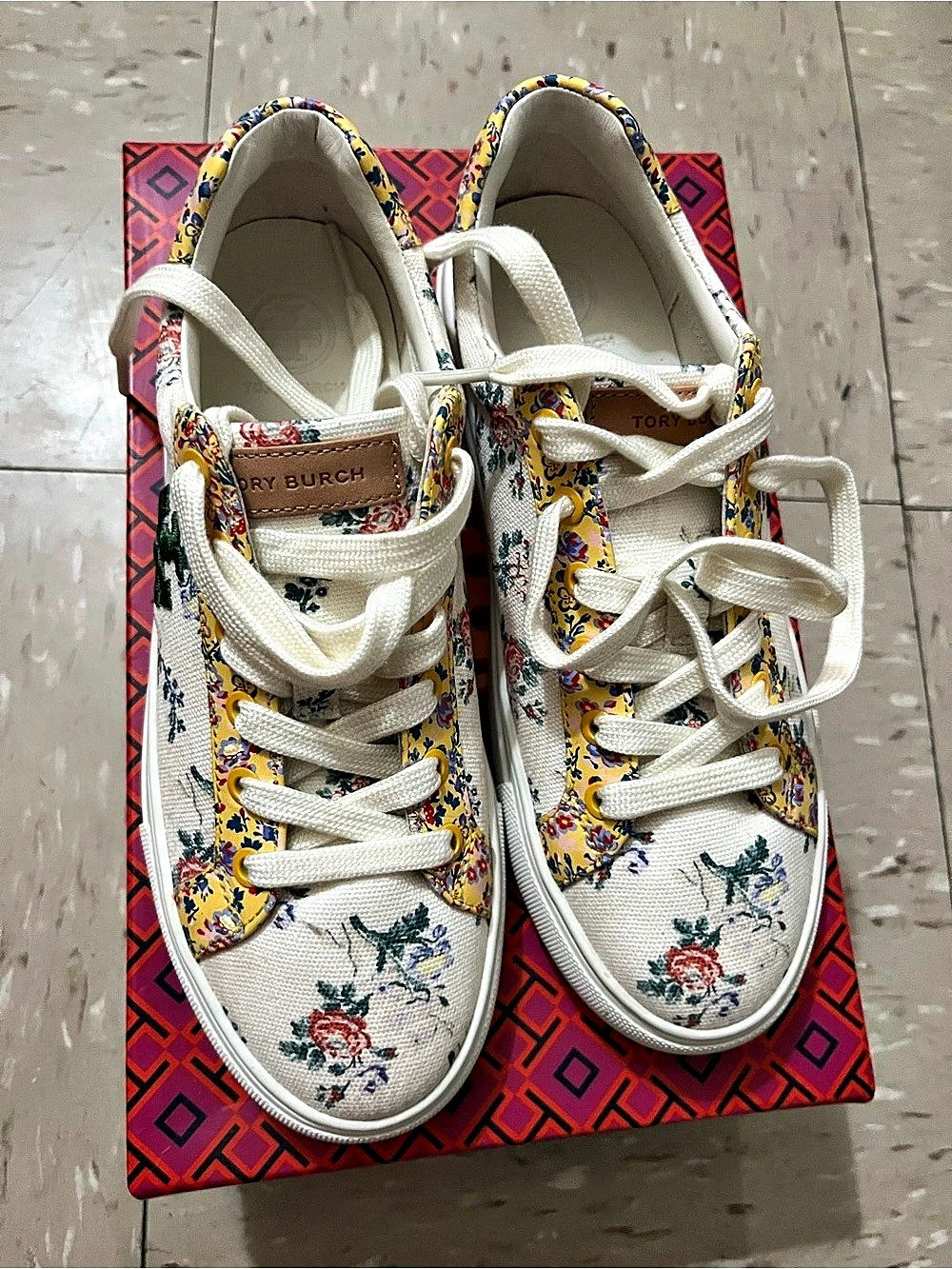 Tory Burch Andrea Floral Court Sneaker Cream & Yellow NWT